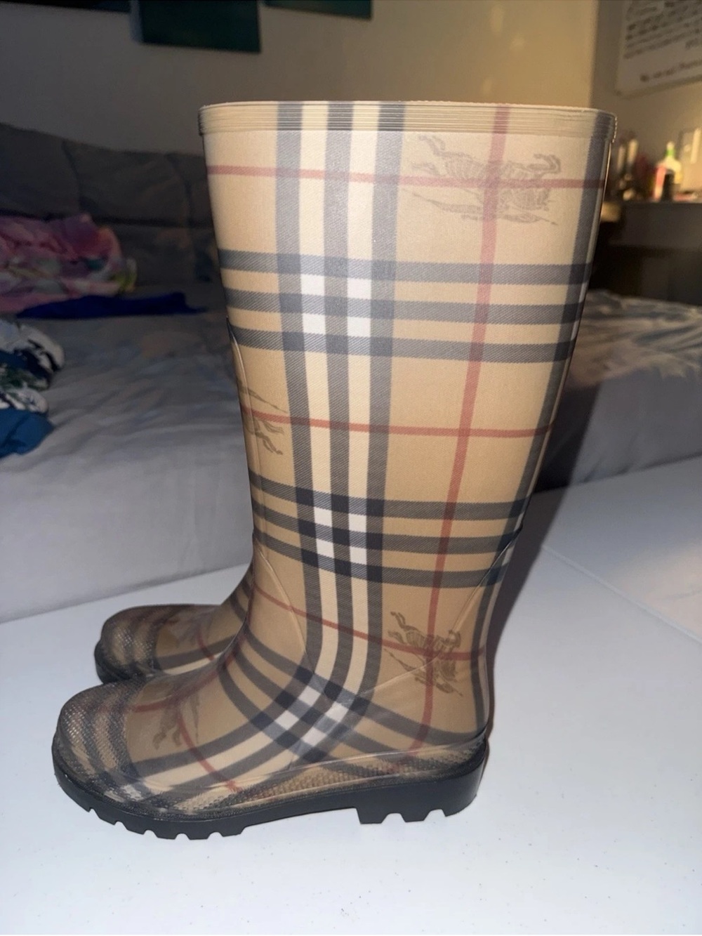 Burberry Beige Plaid Tall Rain Boots - Picture 3 of 10